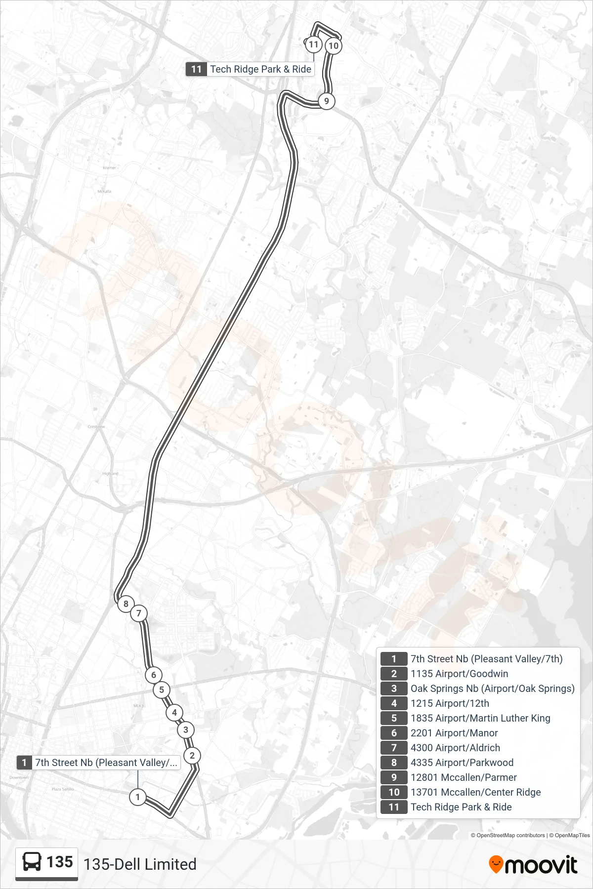 135 bus Line (135 Tech Ridge Park & Ride Nb) route and stops on a map