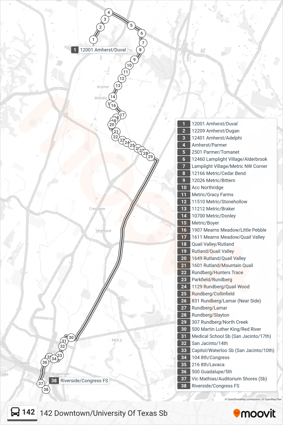 142 bus Line (142 Downtown/University Of Texas Sb) route and stops on a map