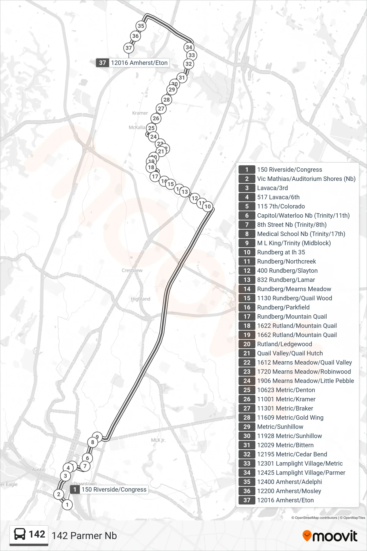 142 bus Line (142 Parmer Nb) route and stops on a map