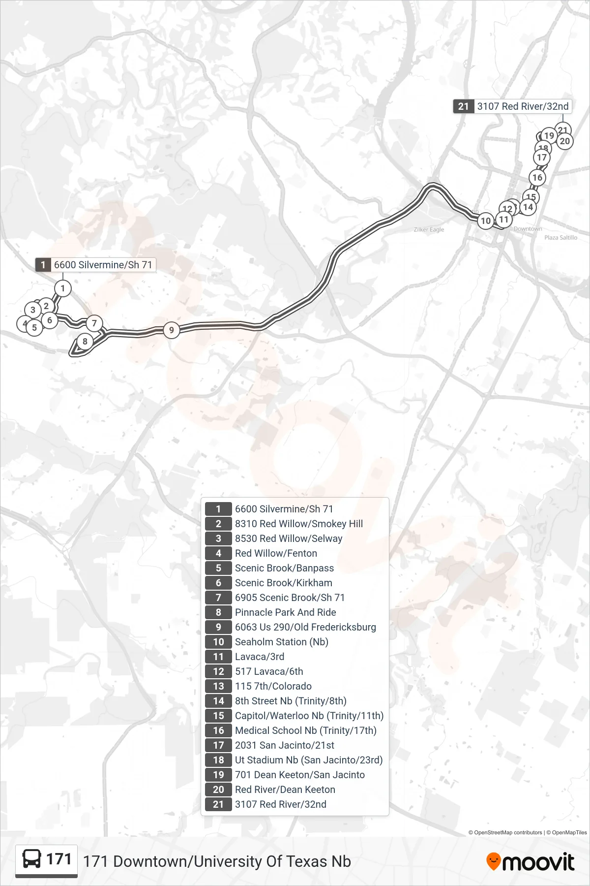 171 bus Line (171 Downtown/University Of Texas Nb) route and stops on a map