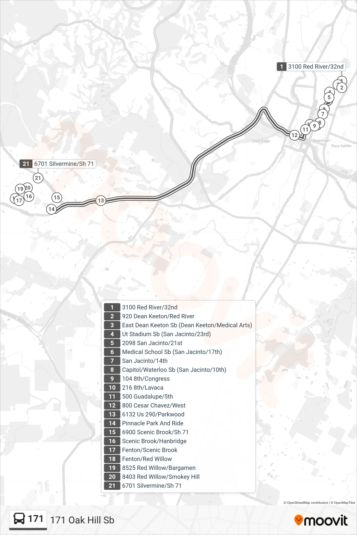 171 bus Line (171 Oak Hill Sb) route and stops on a map