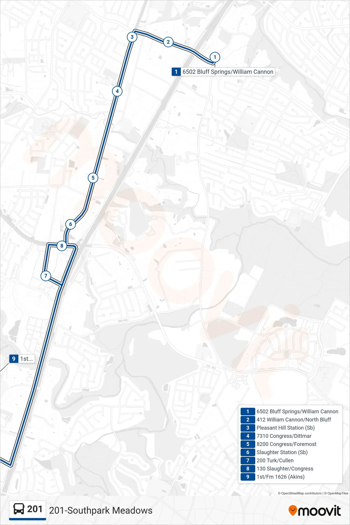 201 bus Line (201 Southpark Meadows Sb) route and stops on a map