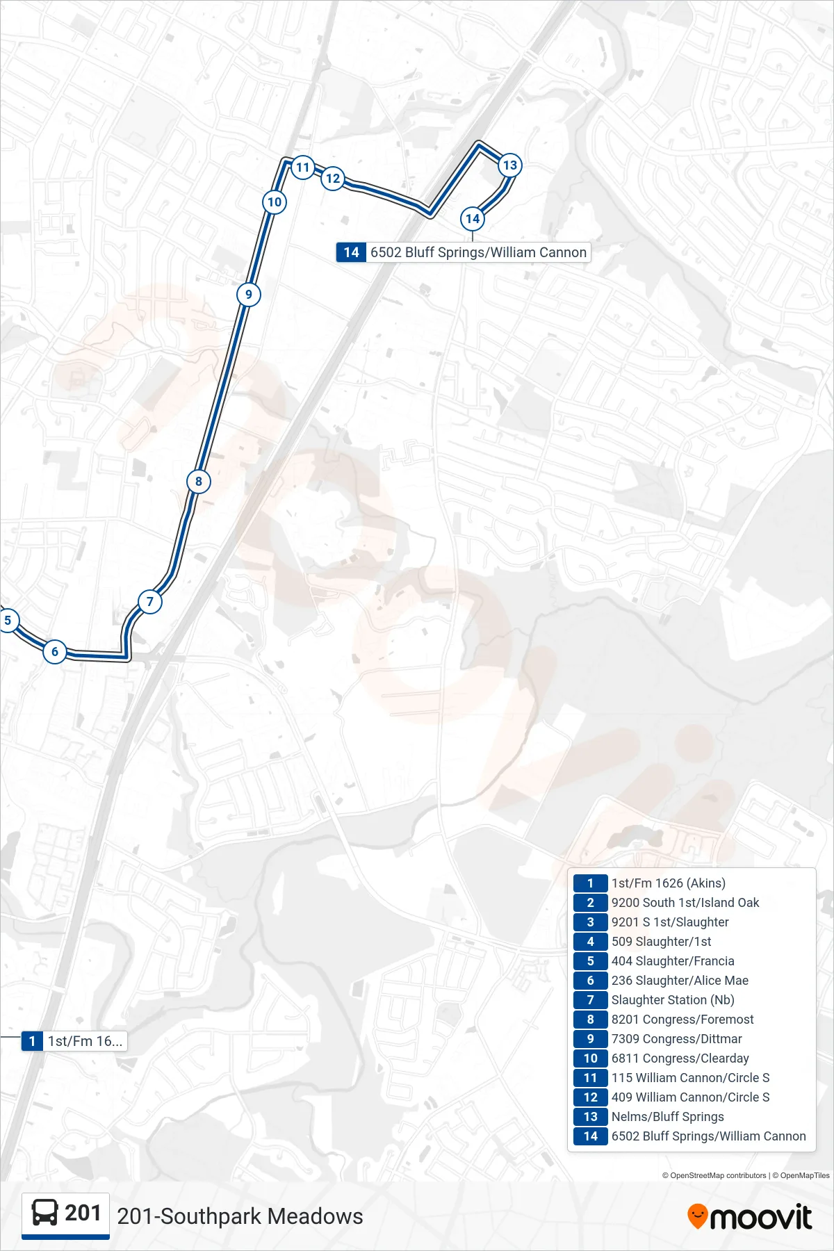 201 bus Line (201 William Cannon Nb) route and stops on a map
