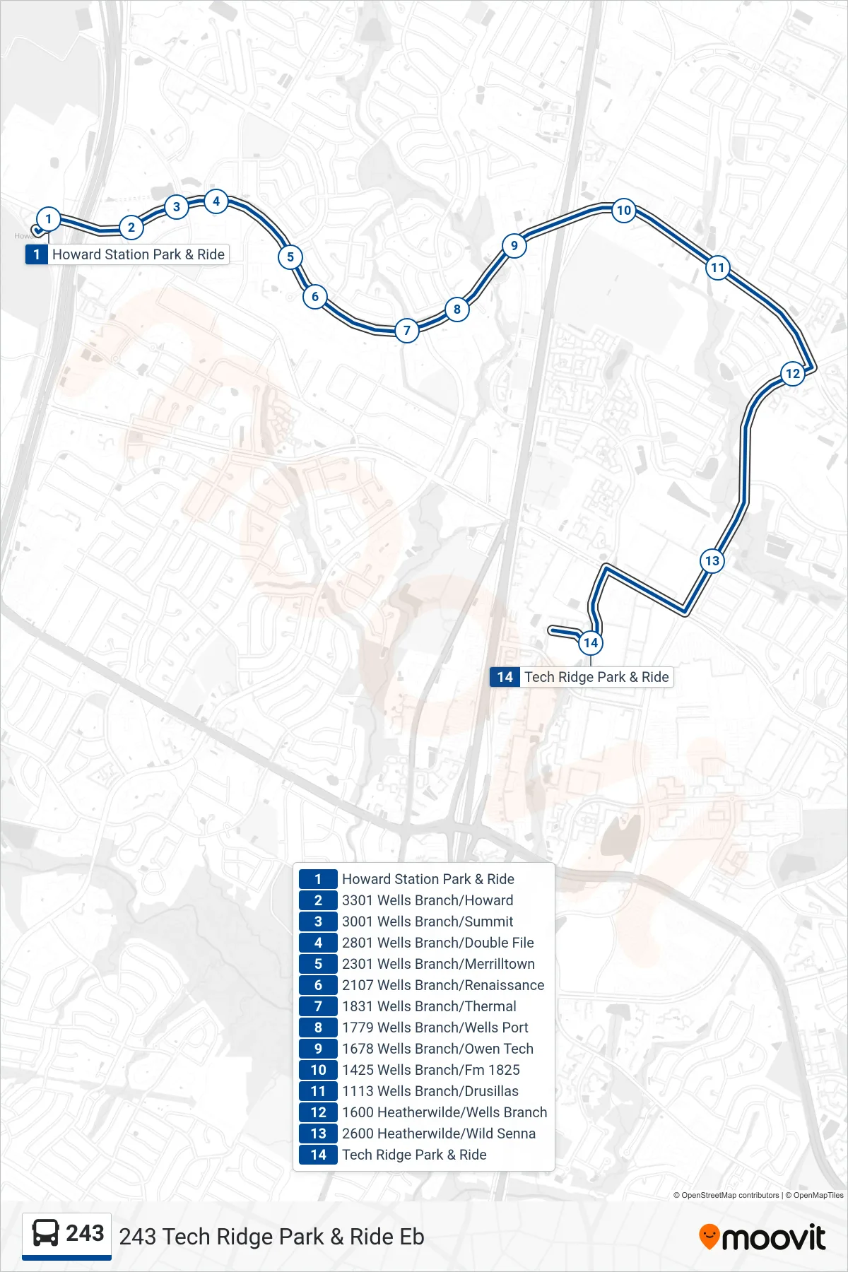 243 bus Line (243 Tech Ridge Park & Ride Eb) route and stops on a map