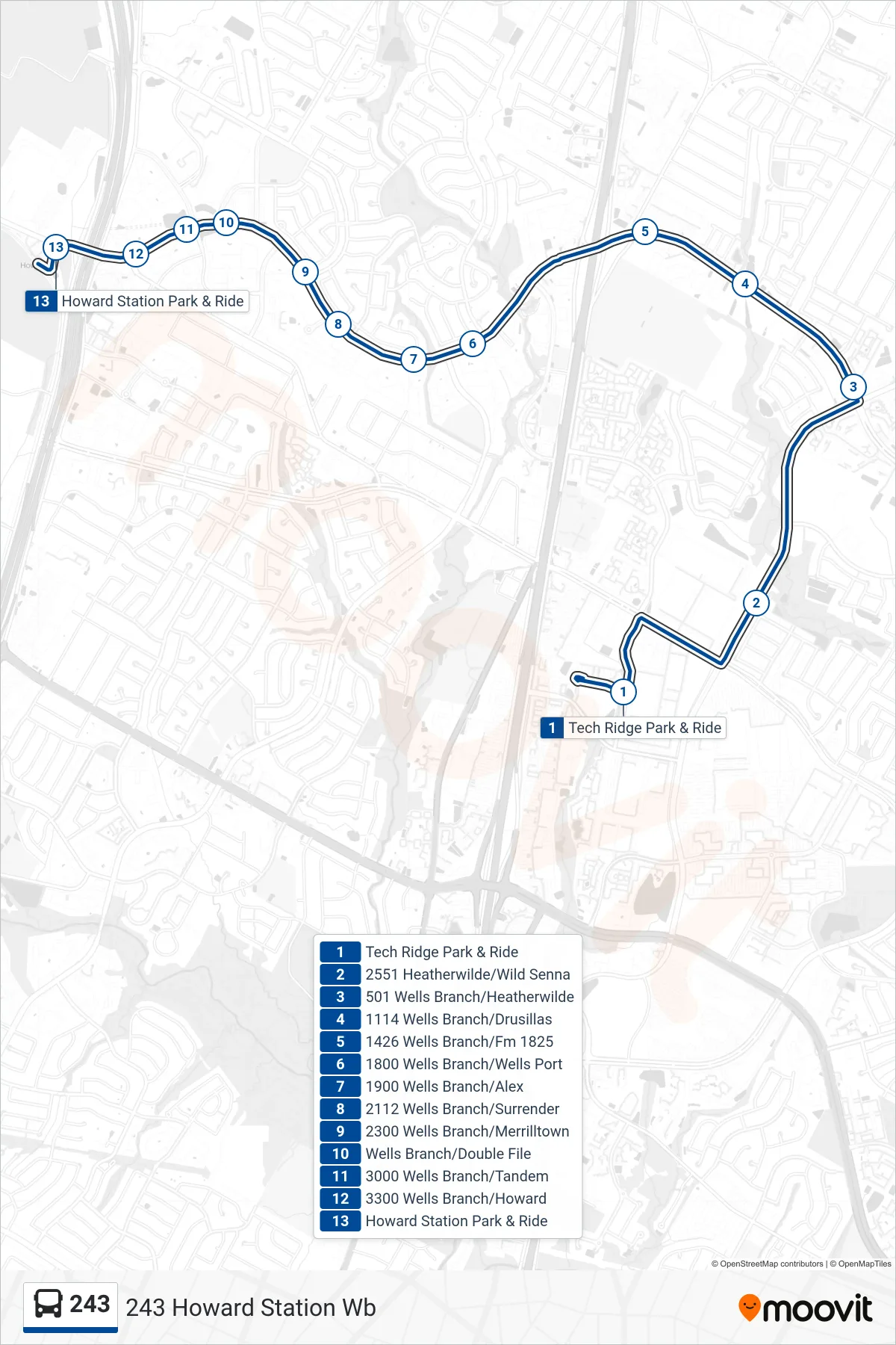 243 bus Line (243 Howard Station Wb) route and stops on a map