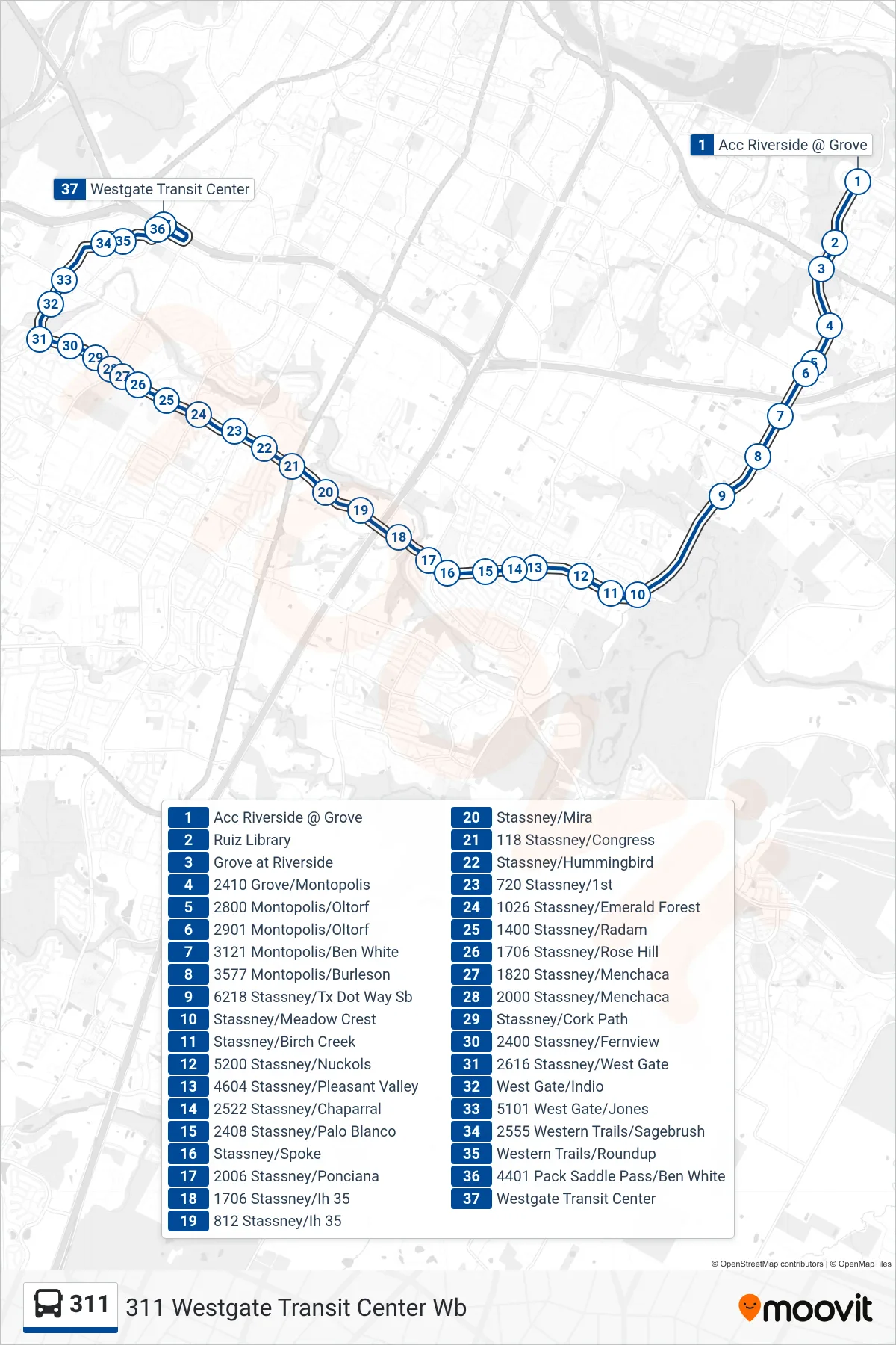 311 bus Line (311 Westgate Transit Center Wb) route and stops on a map