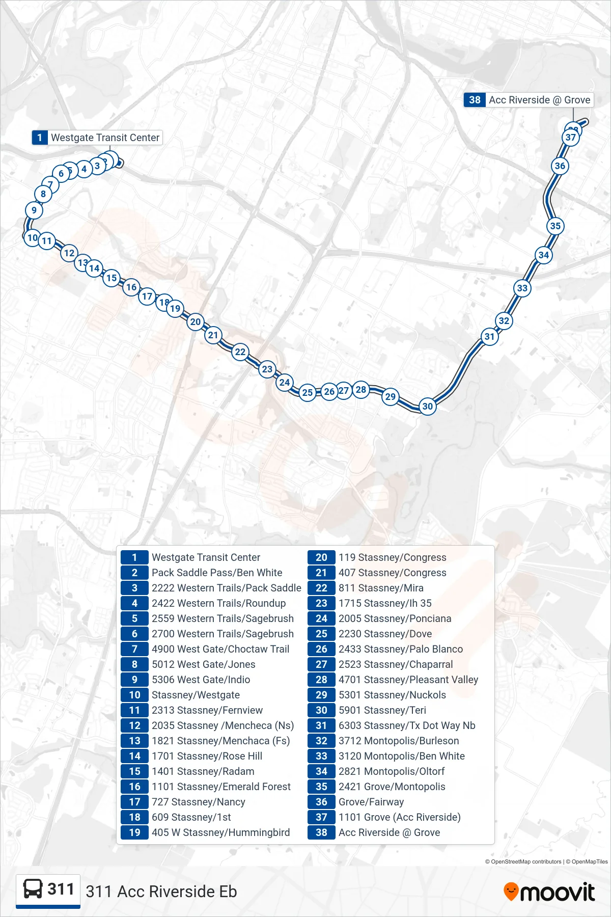 311 bus Line (311 Acc Riverside Eb) route and stops on a map
