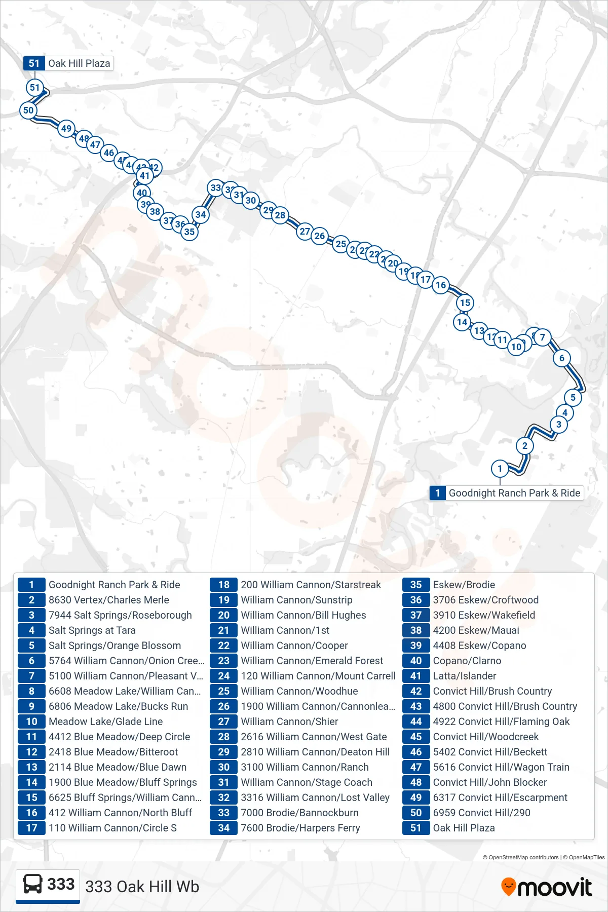 333 bus Line (333 Oak Hill Wb) route and stops on a map
