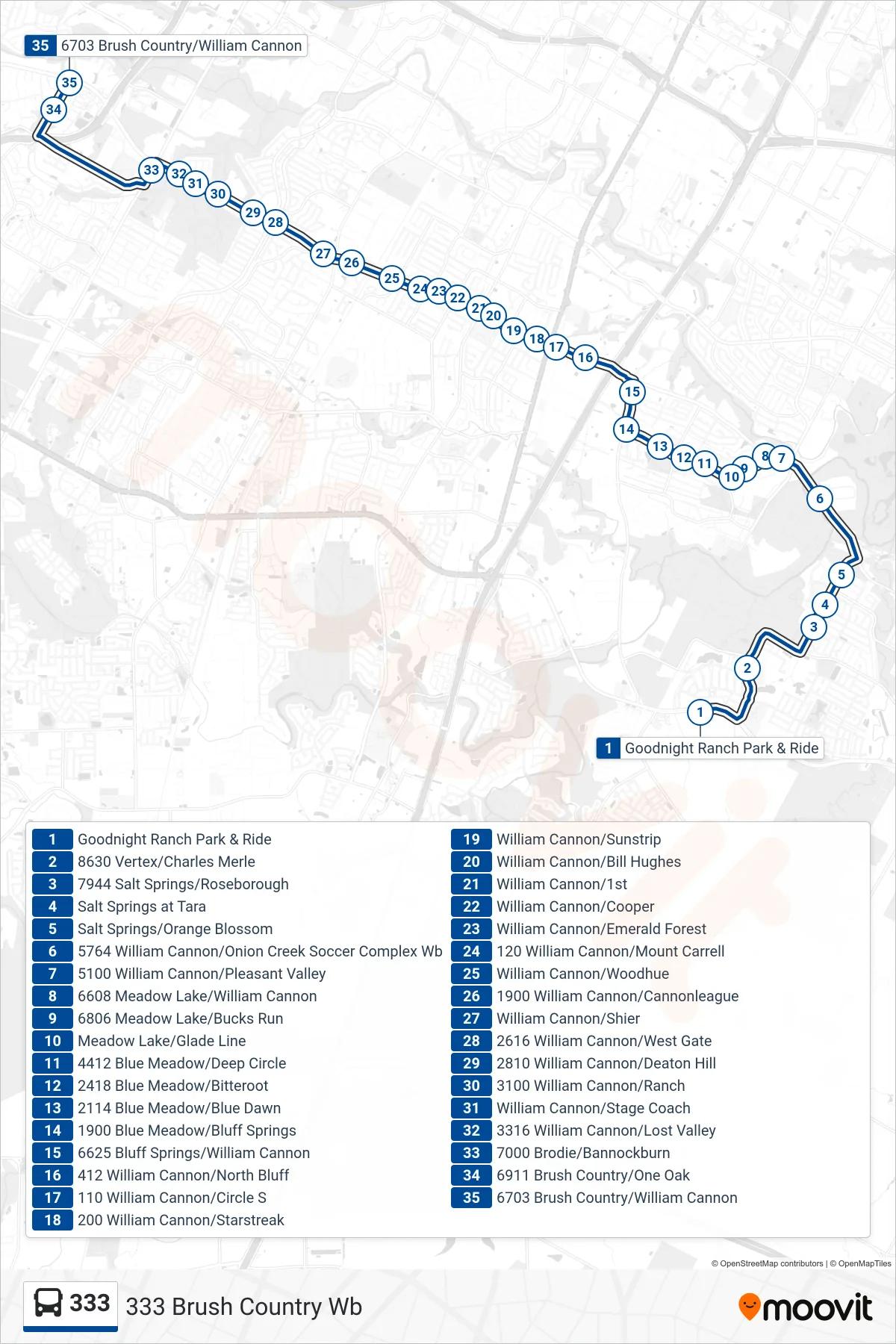 333 bus Line (333 Brush Country Wb) route and stops on a map