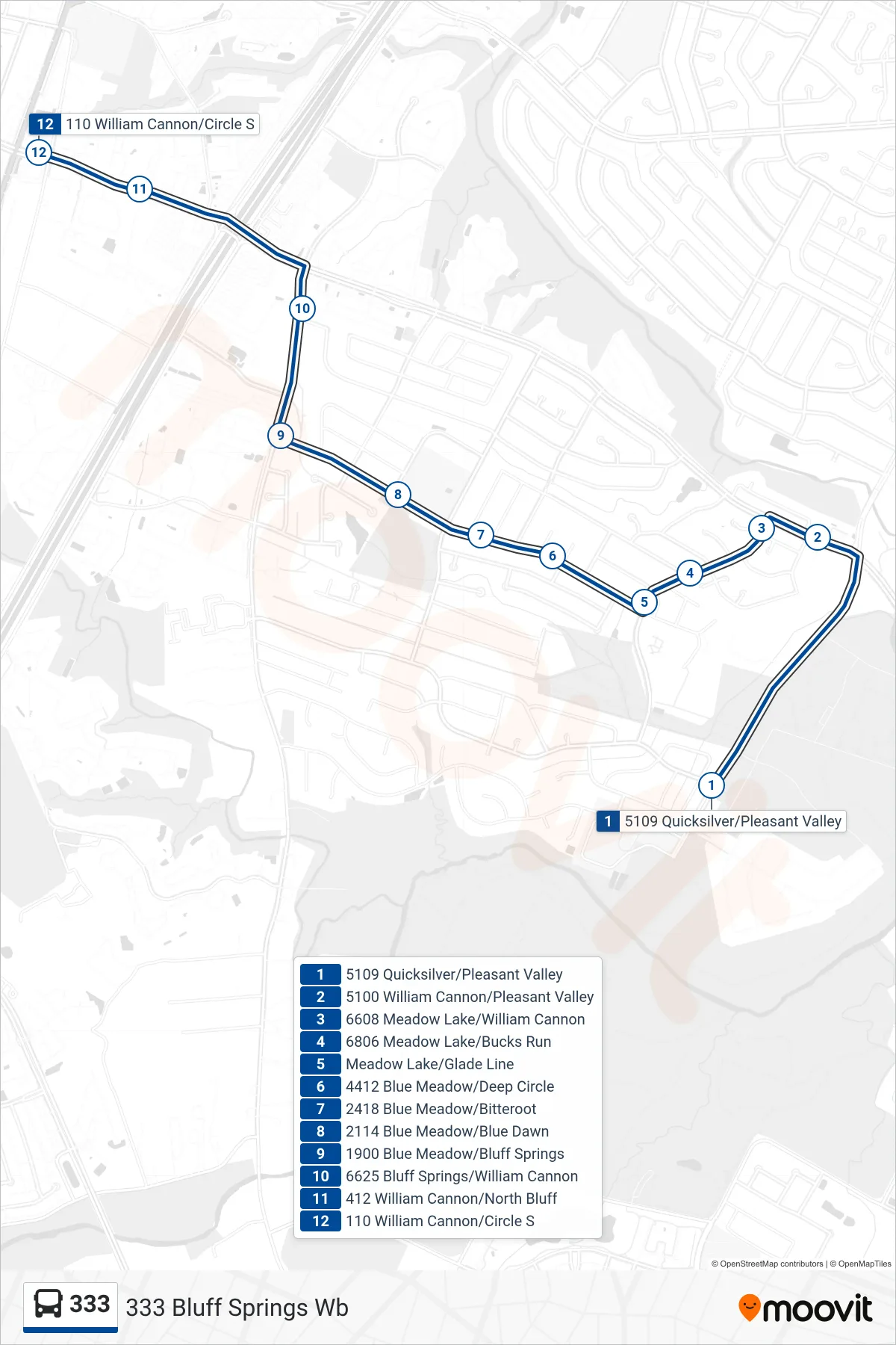 333 bus Line (333 Bluff Springs Wb) route and stops on a map