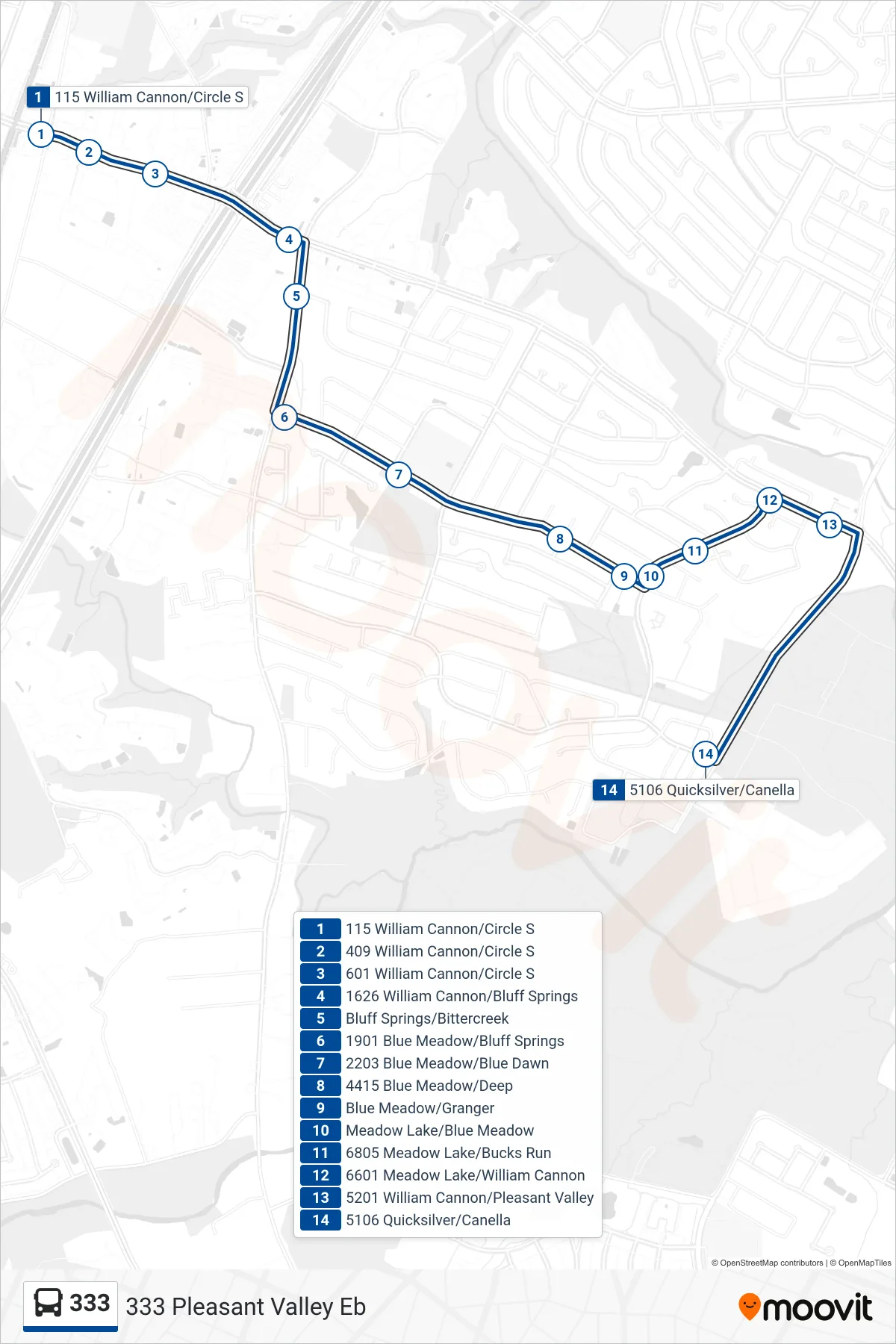 333 bus Line (333 Pleasant Valley Eb) route and stops on a map