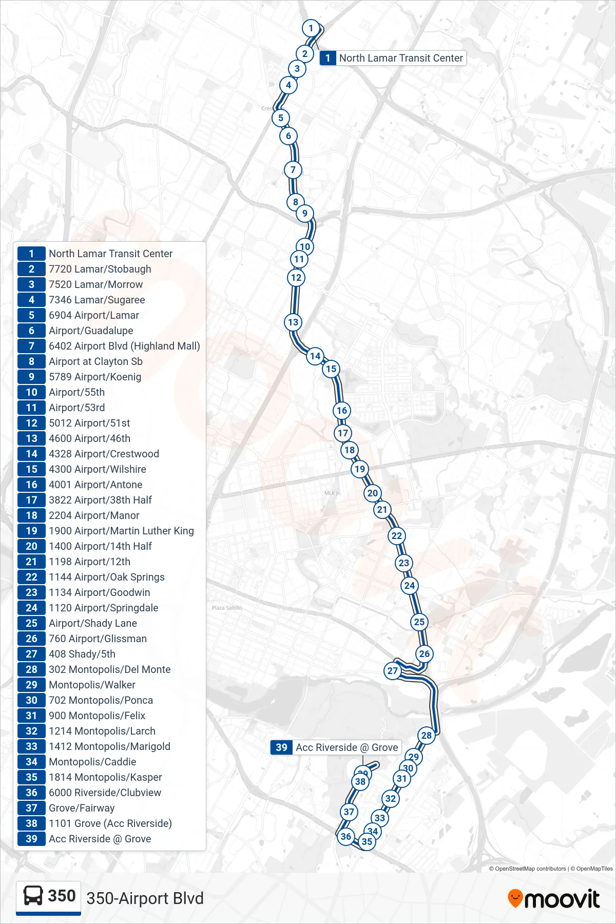 350 bus Line (350 Acc Riverside Sb) route and stops on a map