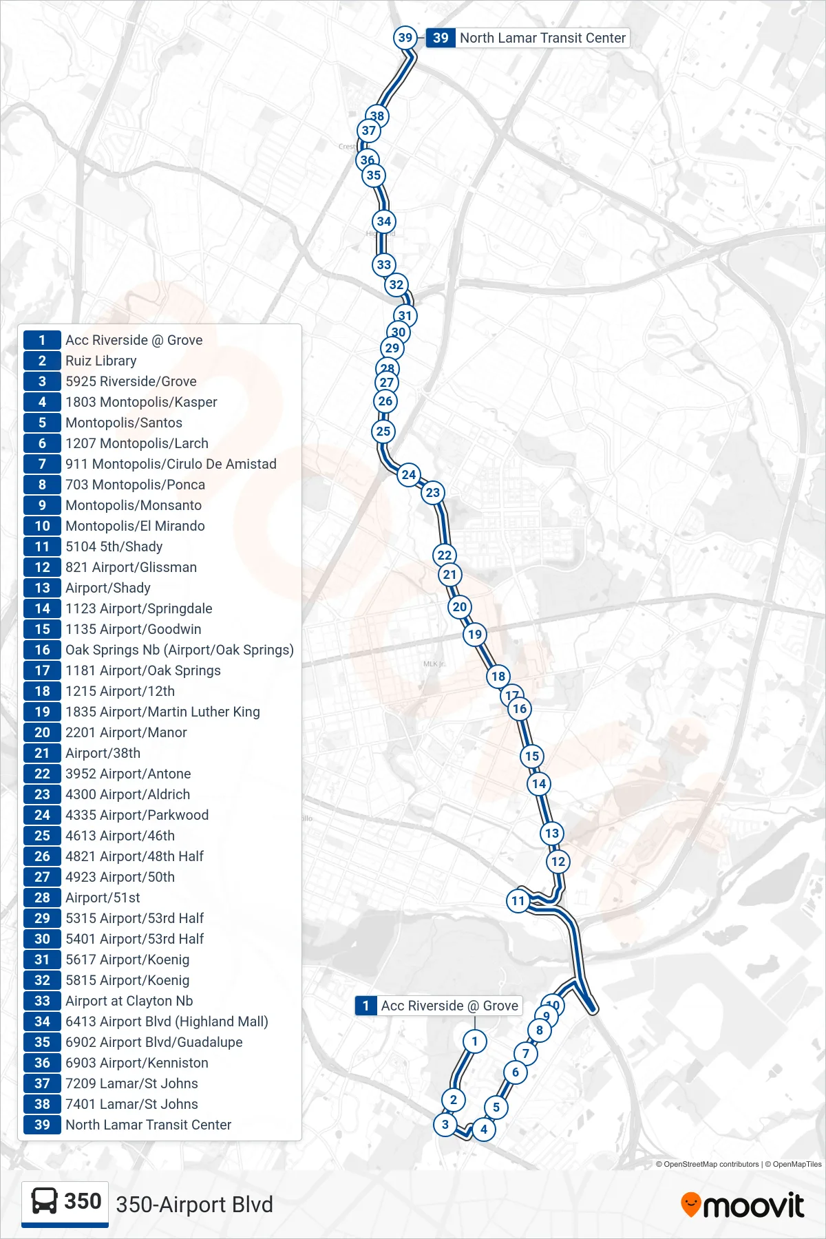 350 bus Line (350 North Lamar Transit Center Nb) route and stops on a map