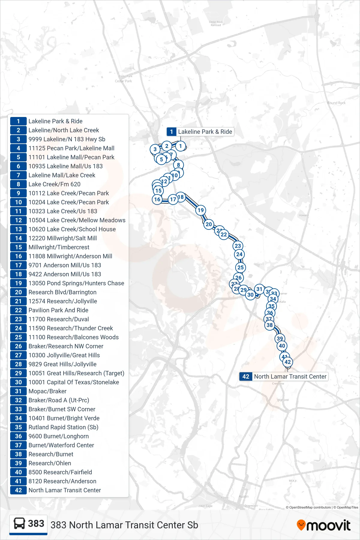 383 bus Line (383 North Lamar Transit Center Sb) route and stops on a map