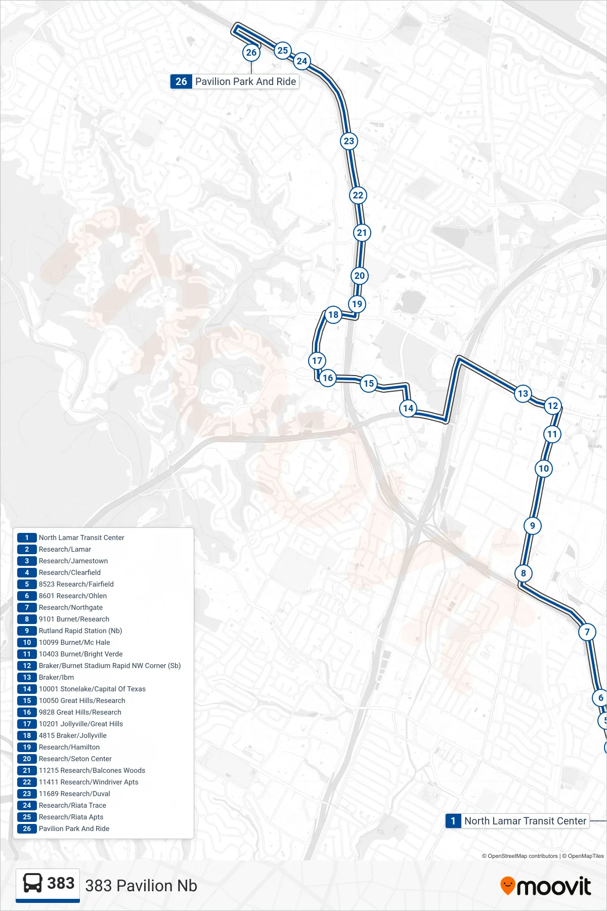 383 bus Line (383 Pavilion Nb) route and stops on a map