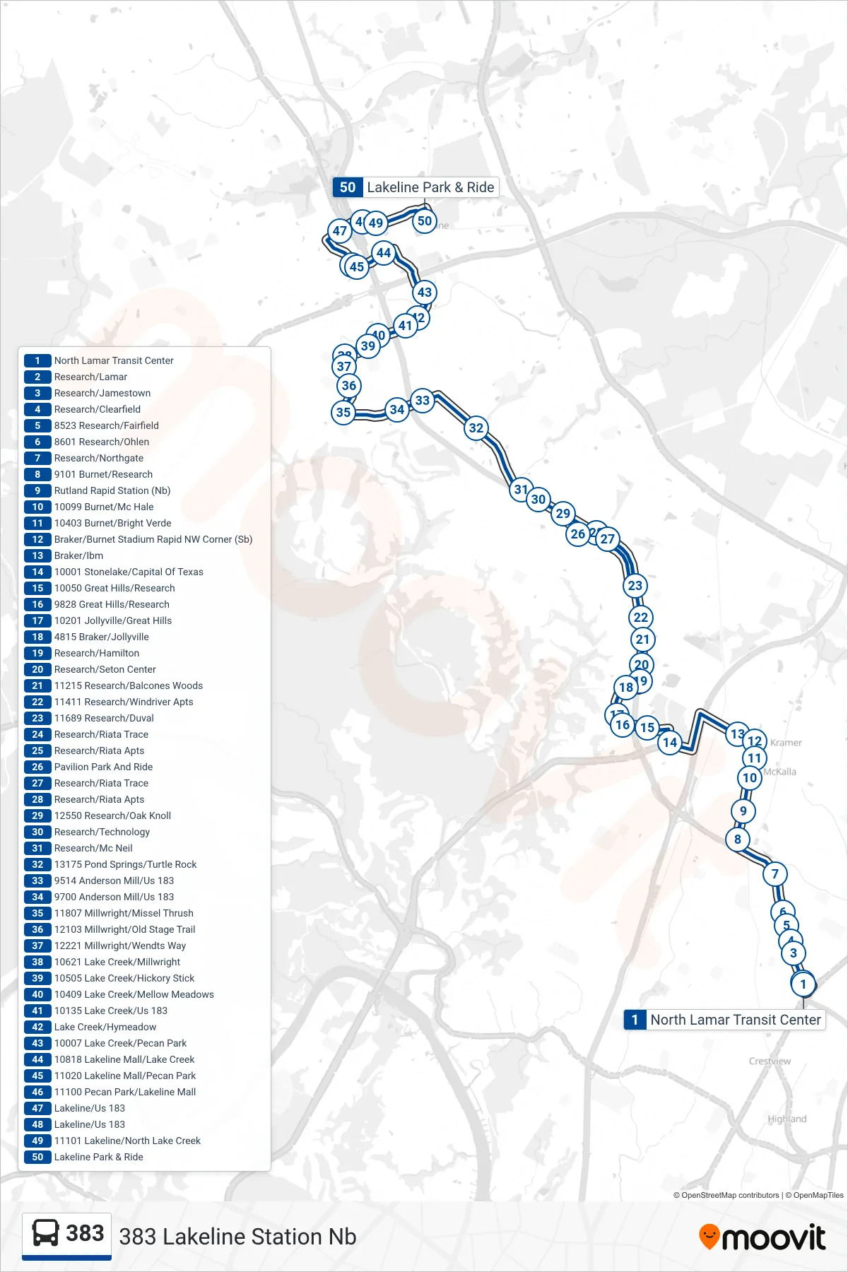 383 bus Line (383 Lakeline Station Nb) route and stops on a map