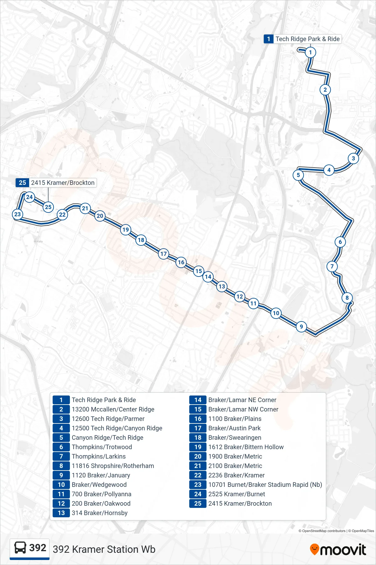 392 bus Line (392 Kramer Station Wb) route and stops on a map