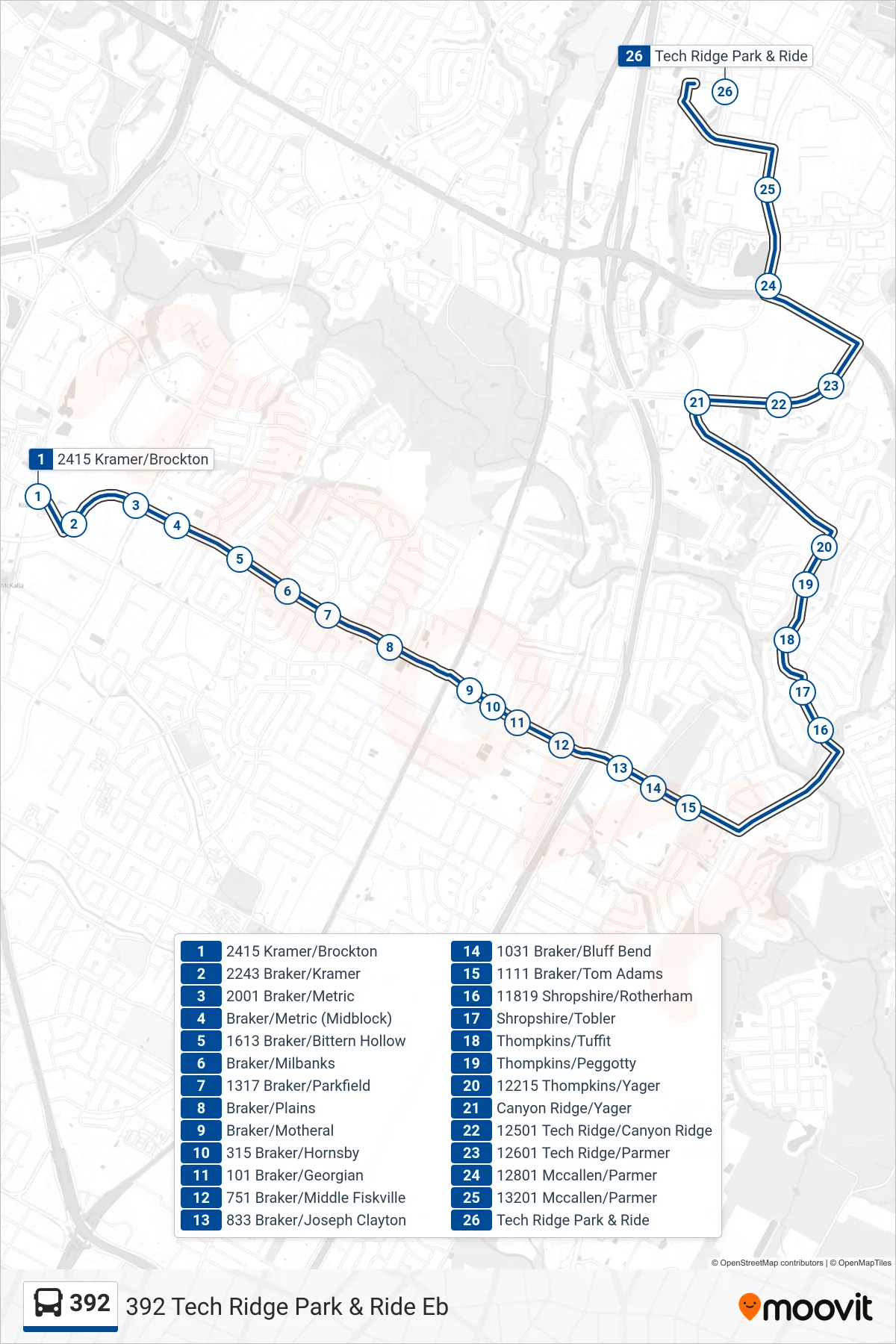 392 bus Line (392 Tech Ridge Park & Ride Eb) route and stops on a map