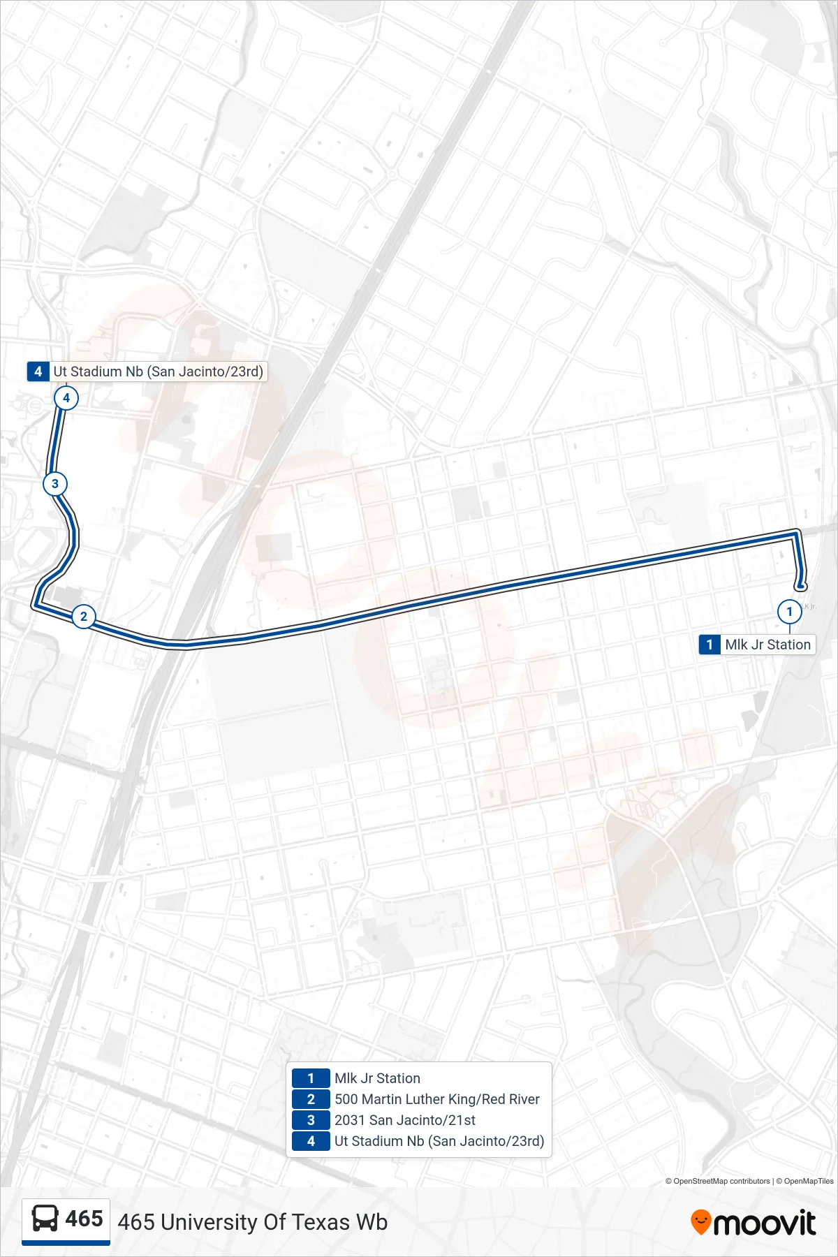 465 bus Line (465 University Of Texas Wb) route and stops on a map