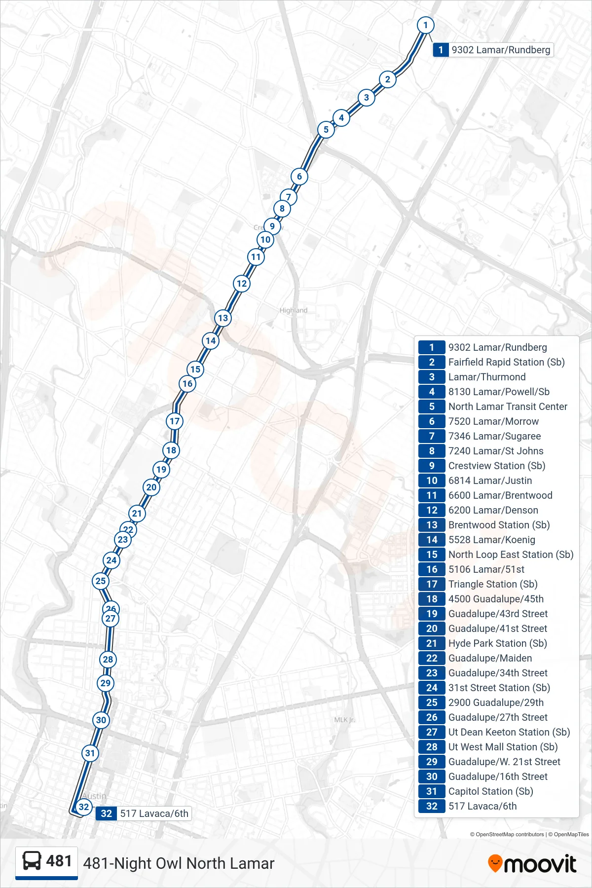 481 bus Line (481 Downtown Sb) route and stops on a map