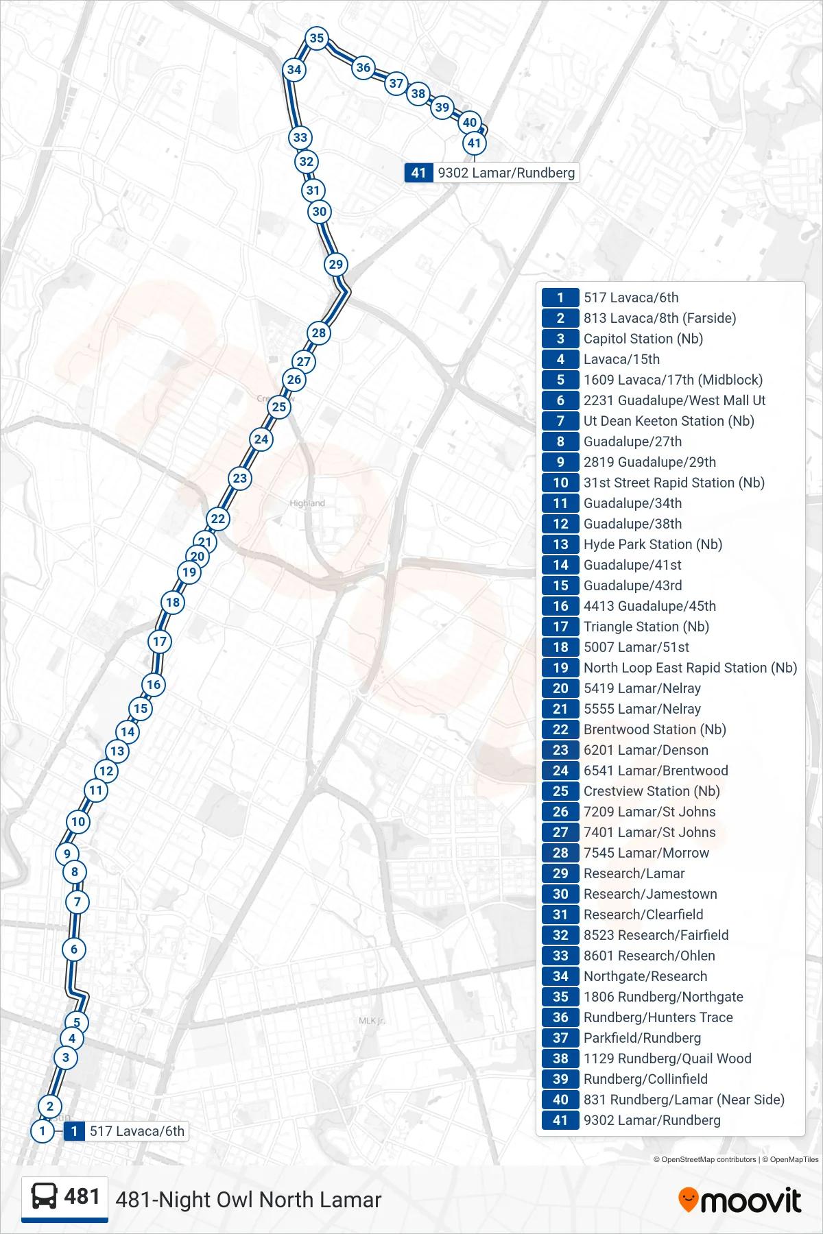 481 bus Line (481 Rundberg Nb) route and stops on a map