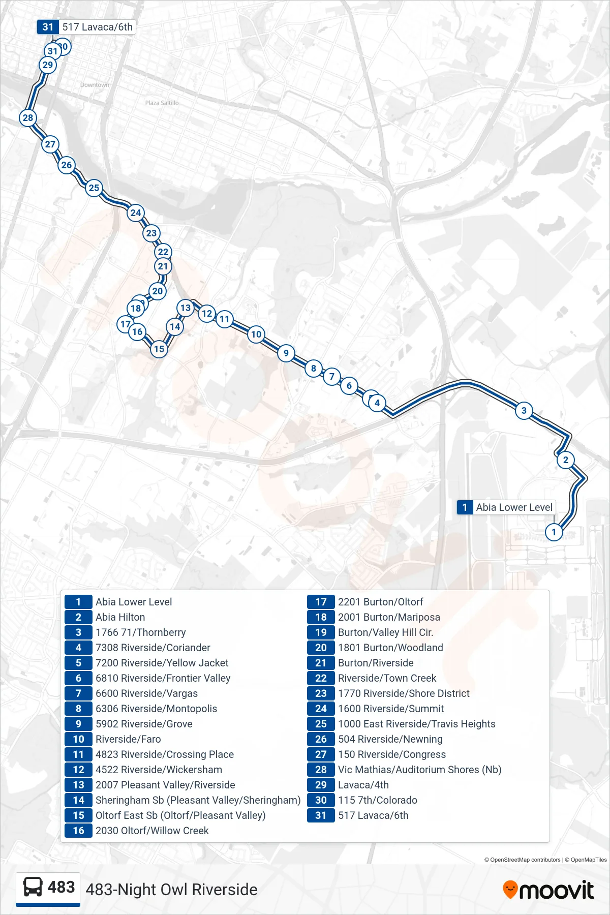 483 bus Line (483 Downtown Nb) route and stops on a map