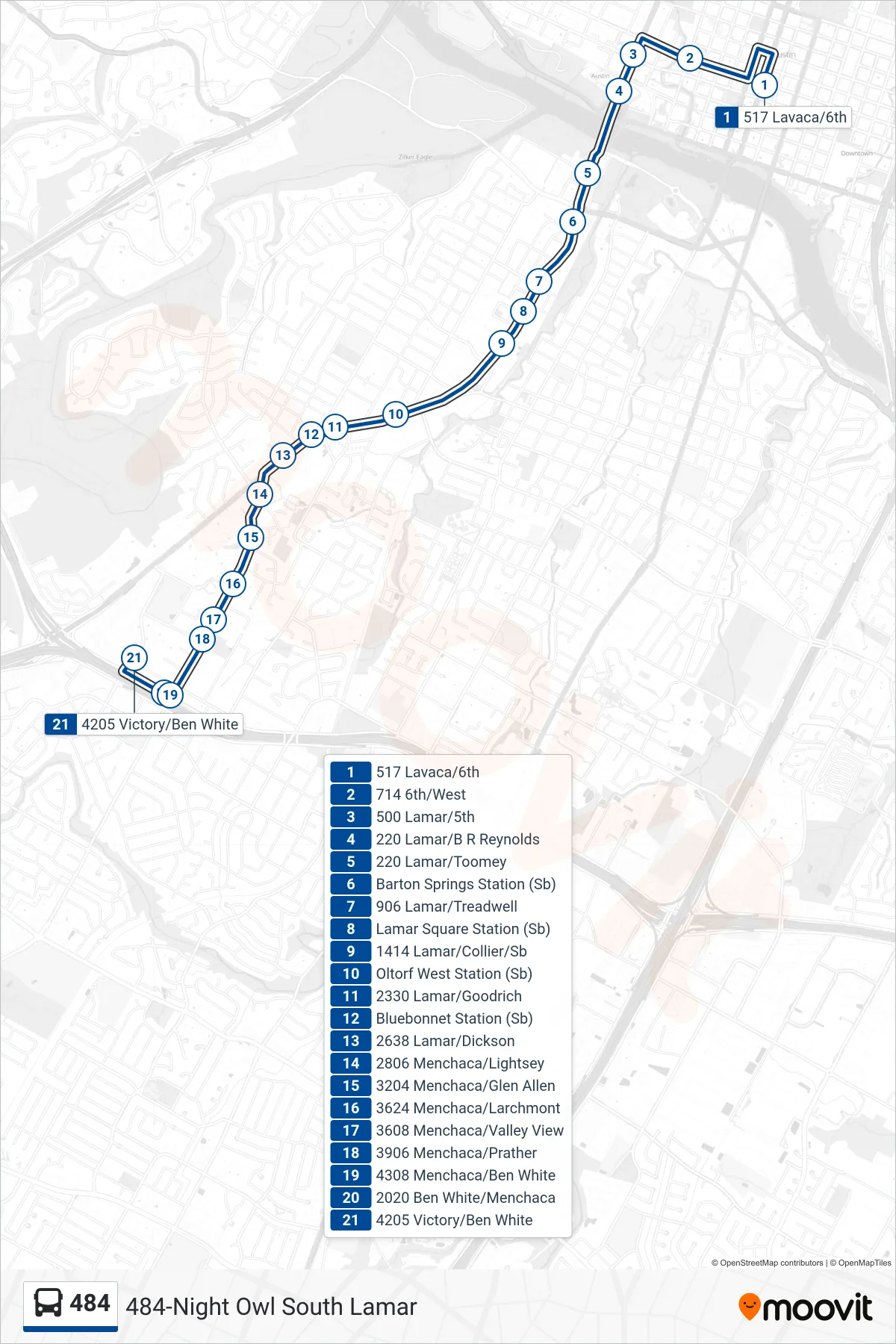 484 bus Line (484 South Lamar Sb) route and stops on a map