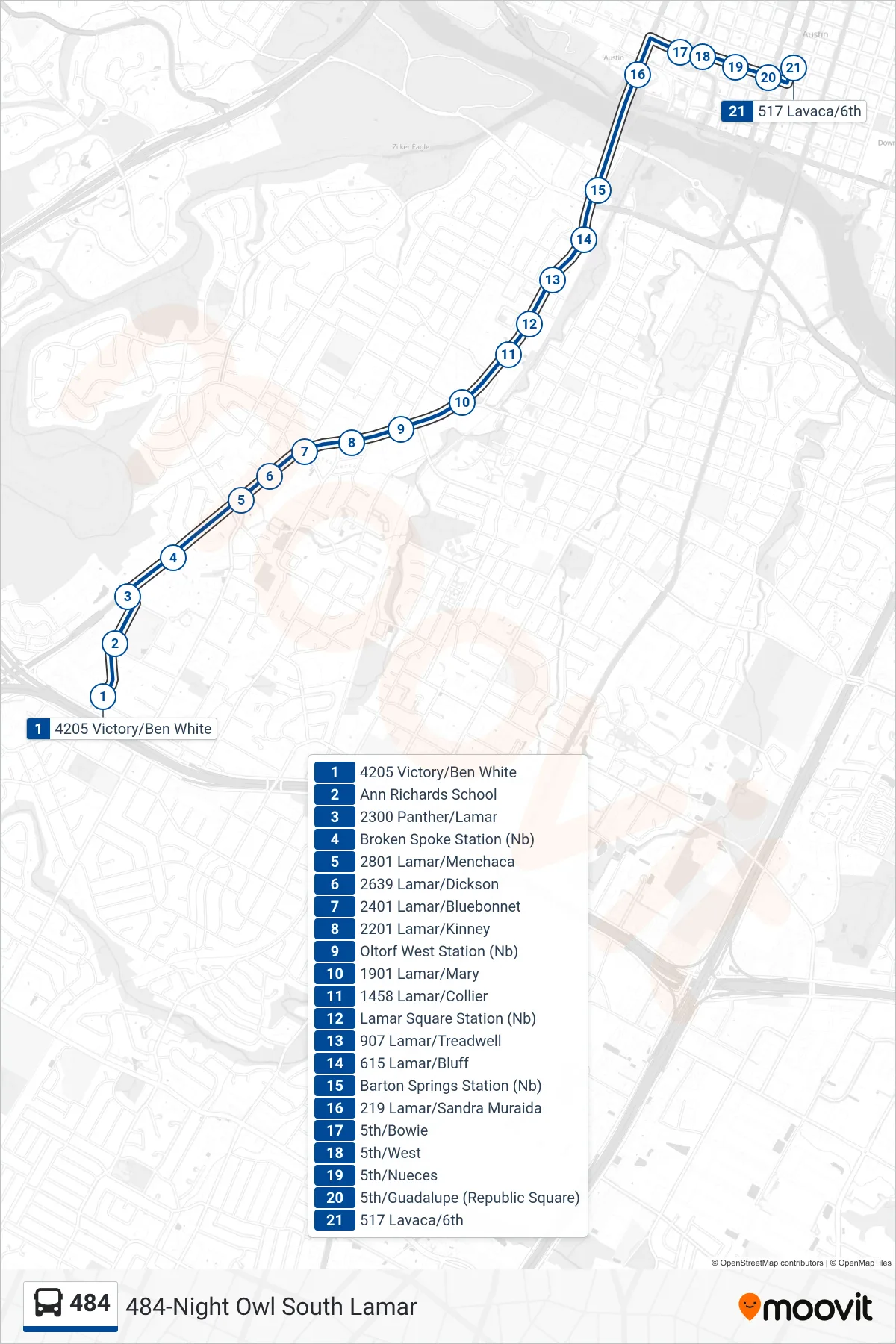 484 bus Line (484 Downtown Nb) route and stops on a map
