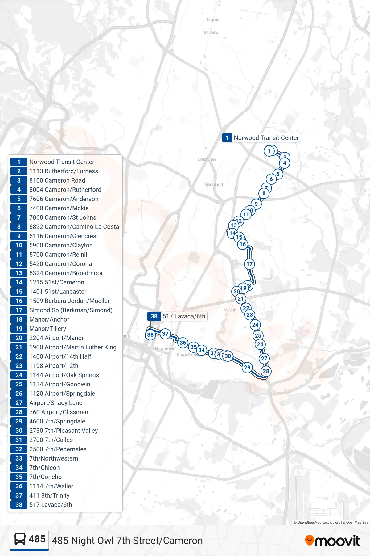 485 bus Line (485 Downtown Sb) route and stops on a map
