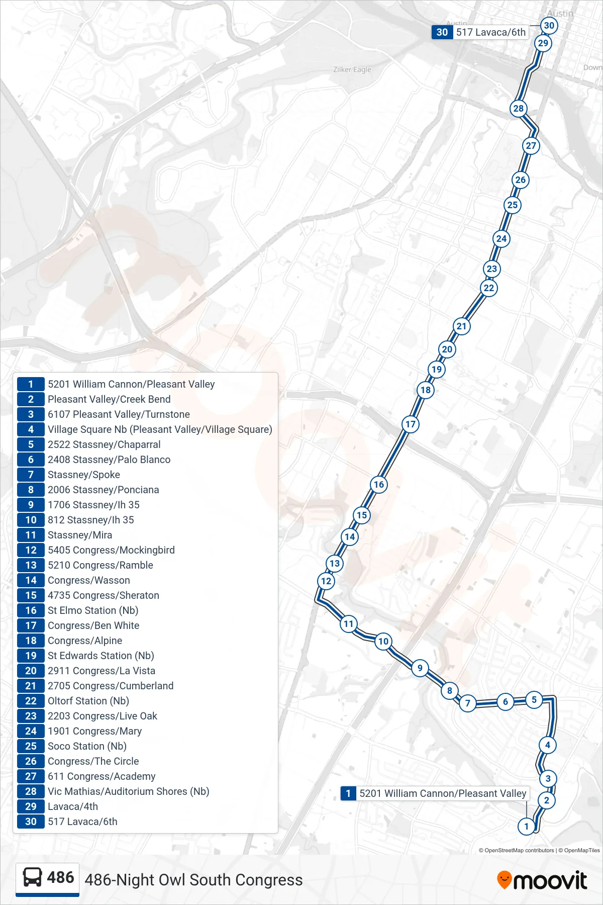 486 bus Line (486 Downtown Nb) route and stops on a map