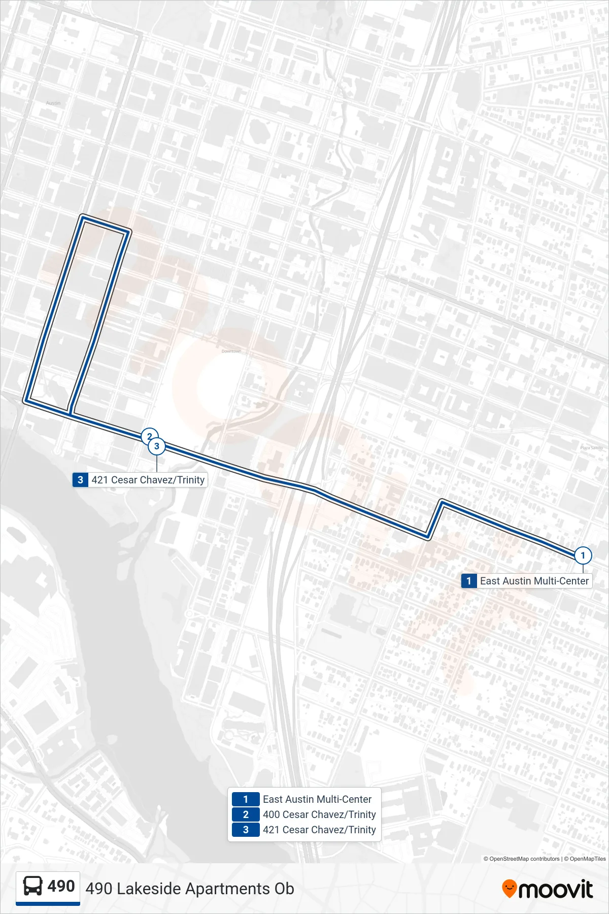 490 bus Line (490 Lakeside Apartments Ob) route and stops on a map
