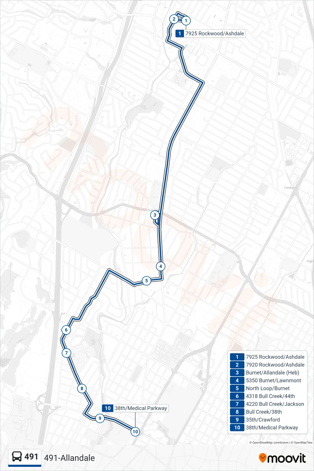 491 bus Line (491 38th Street Sb) route and stops on a map