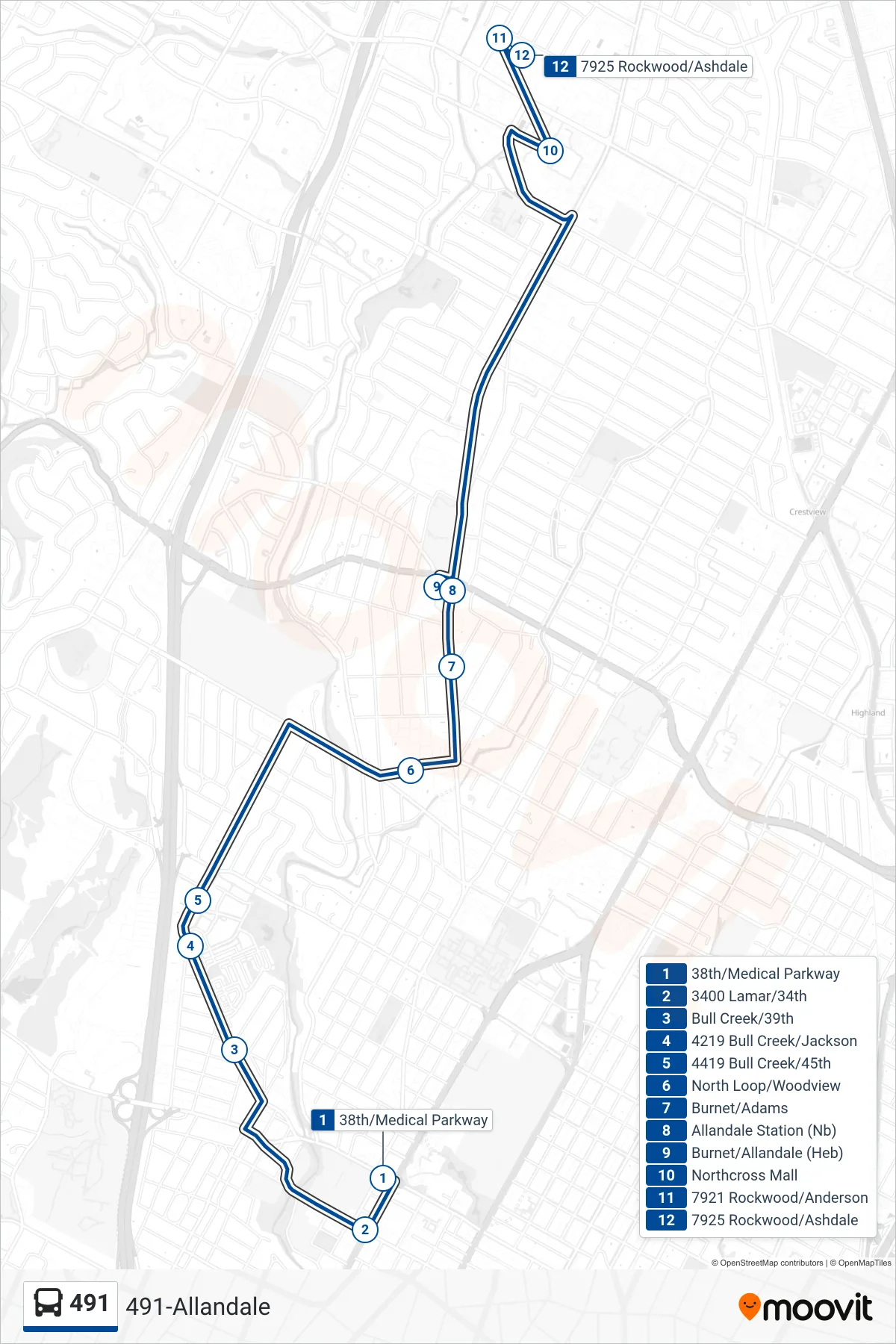 491 bus Line (491 Northcross Nb) route and stops on a map