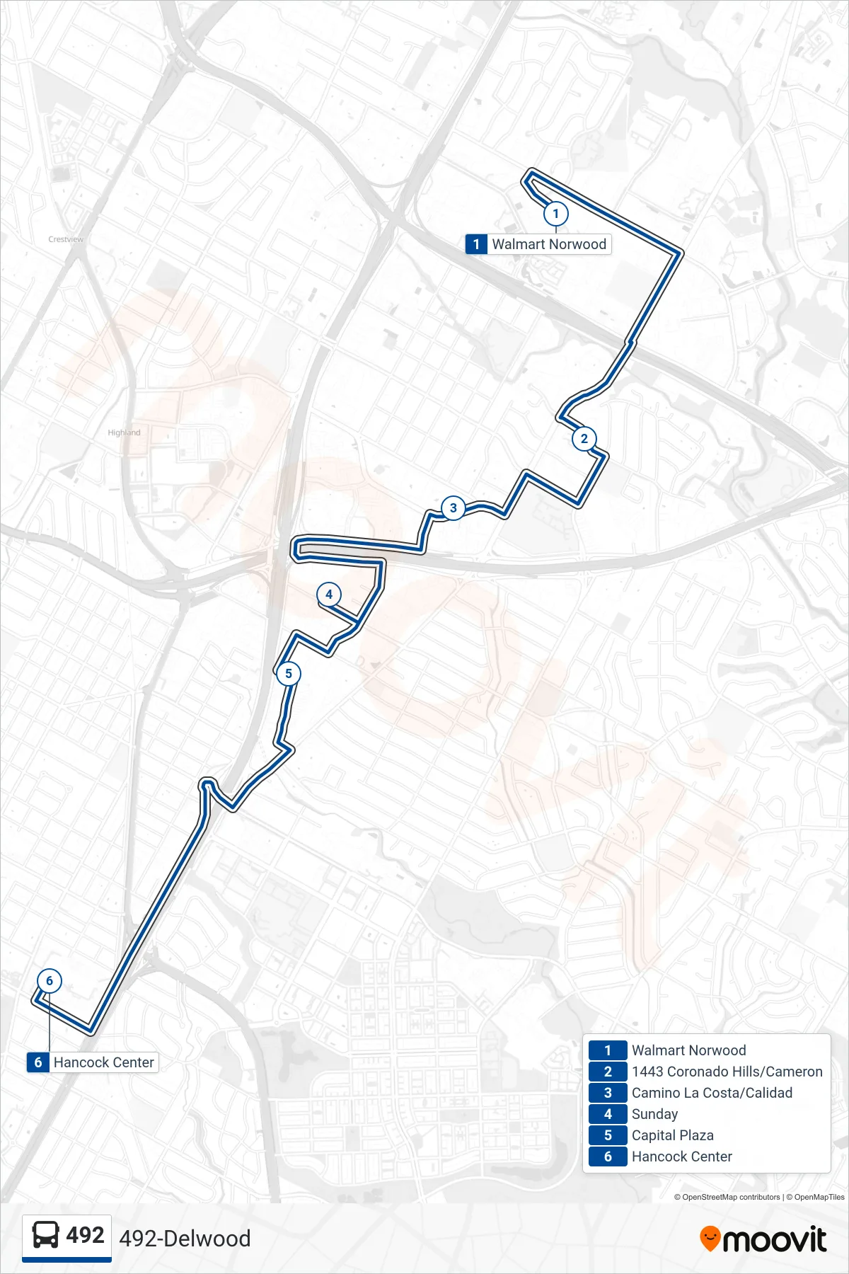 492 bus Line (492 Hancock Center Sb) route and stops on a map