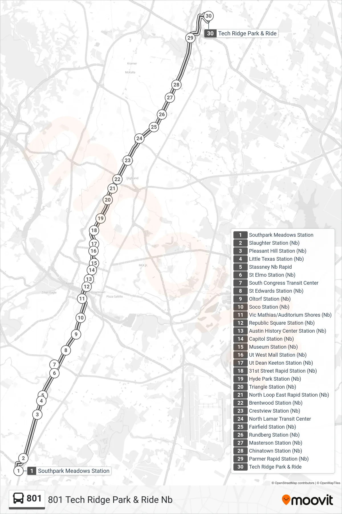 801 bus Line (801 Tech Ridge Park & Ride Nb) route and stops on a map