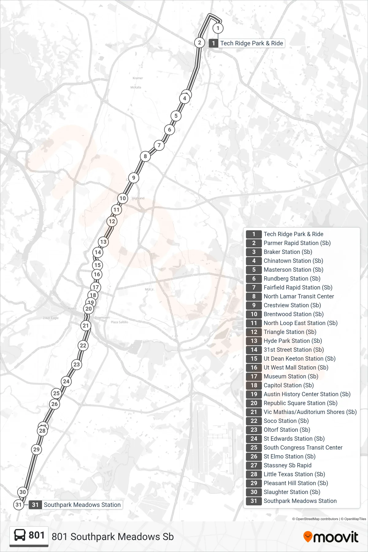 801 bus Line (801 Southpark Meadows Sb) route and stops on a map