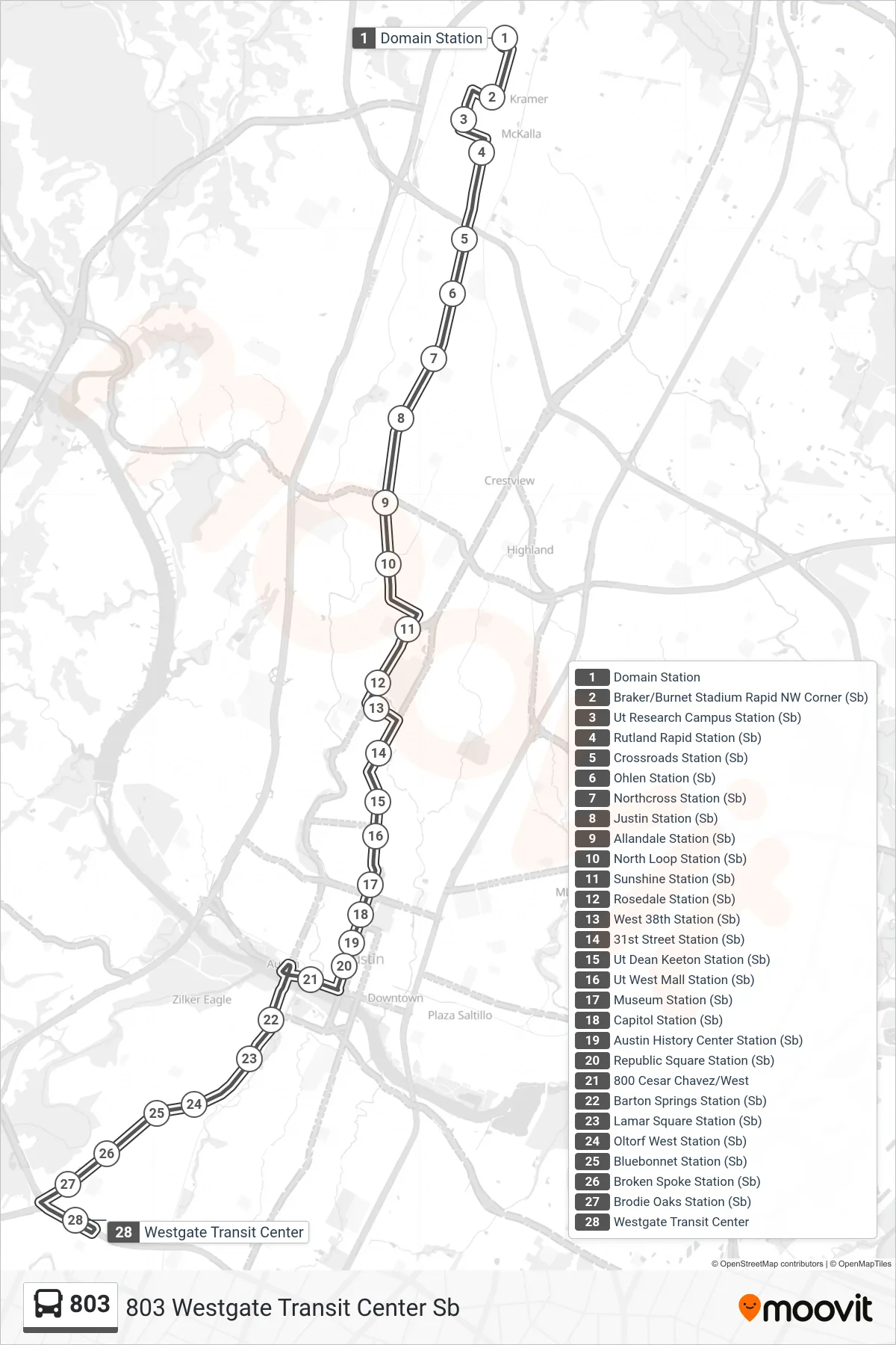 803 bus Line (803 Westgate Transit Center Sb) route and stops on a map