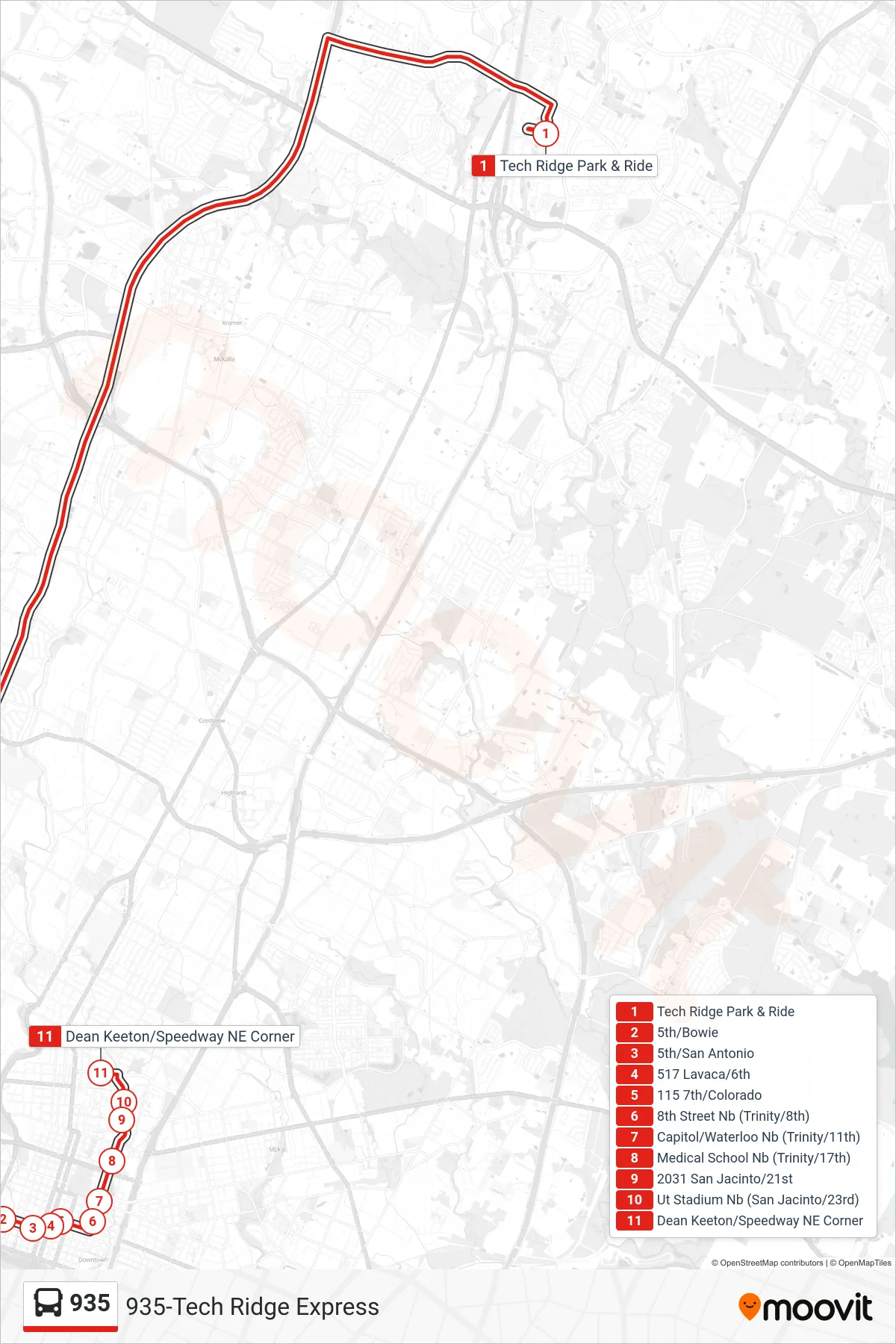 935 bus Line (935 Downtown/Ut Sb) route and stops on a map