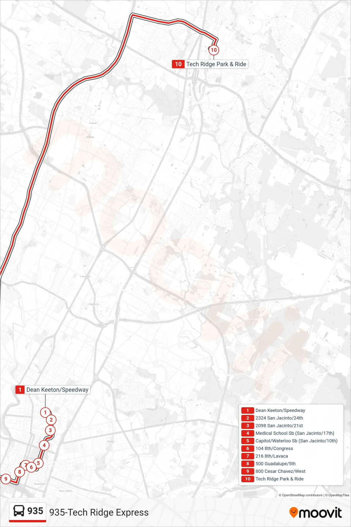 935 bus Line (935 Tech Ridge Nb) route and stops on a map