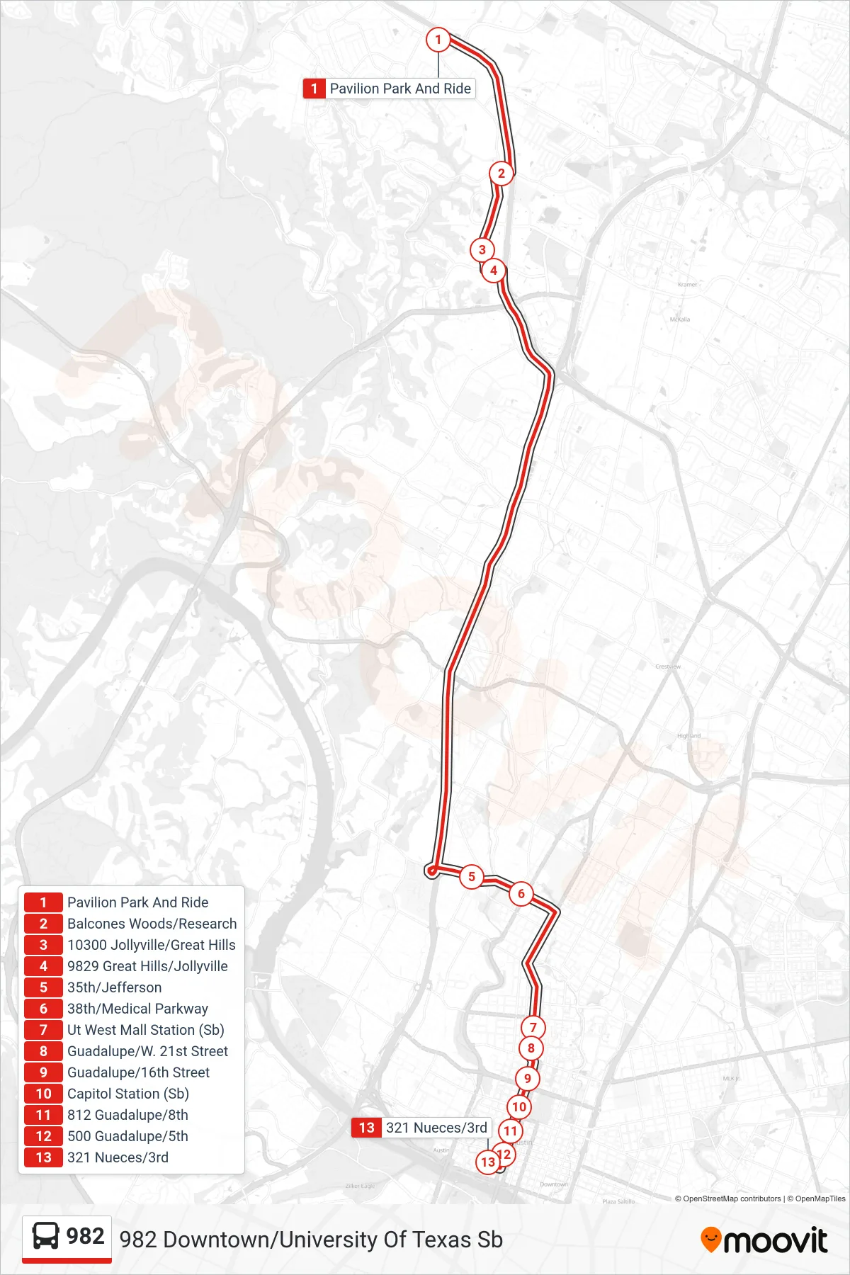 982 bus Line (982 Downtown/University Of Texas Sb) route and stops on a map