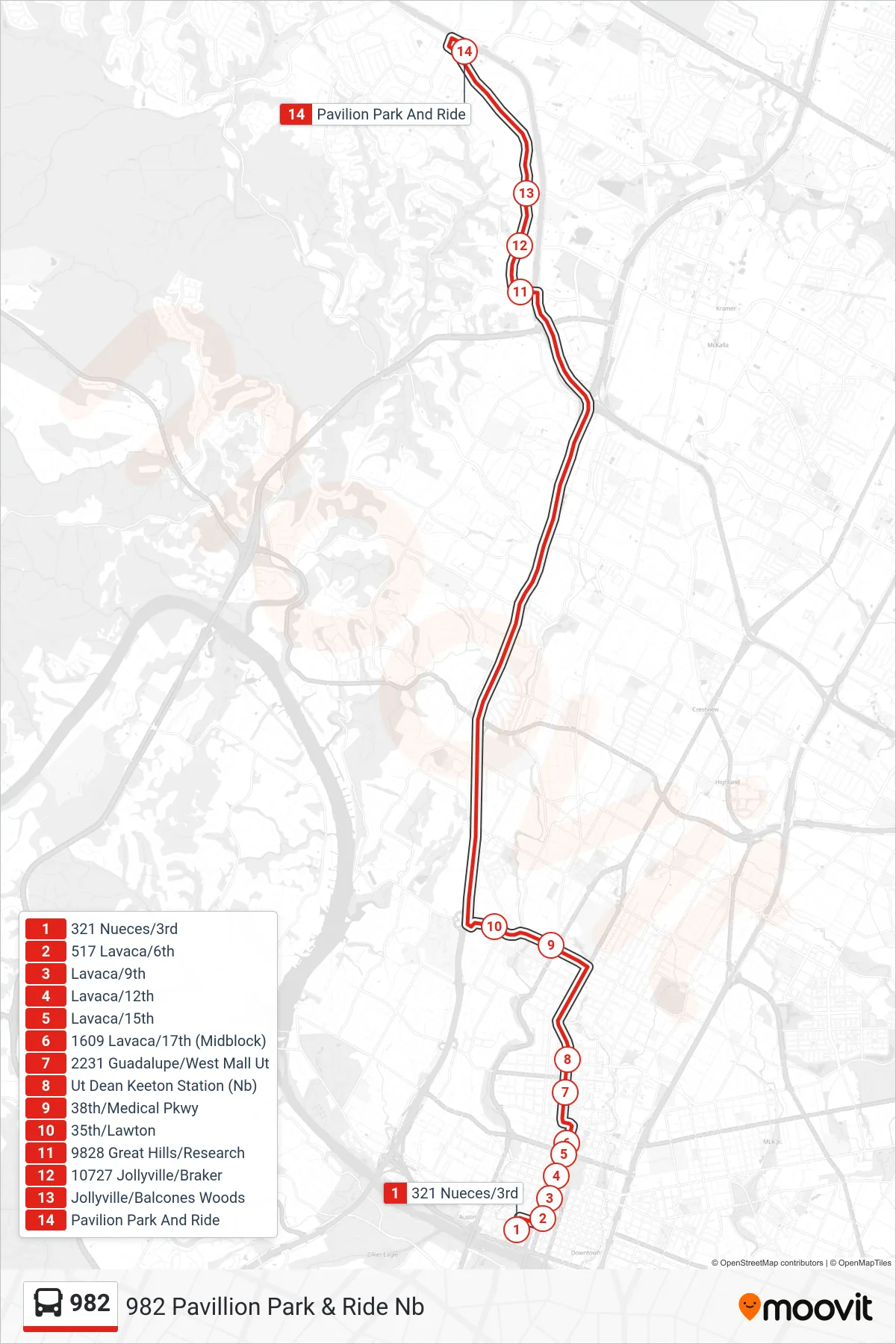 982 bus Line (982 Pavillion Park & Ride Nb) route and stops on a map