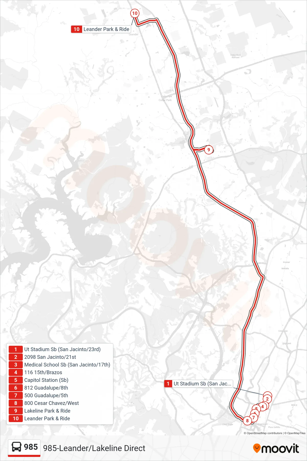 985 bus Line (985 Leander/Lakeline Stations Nb) route and stops on a map