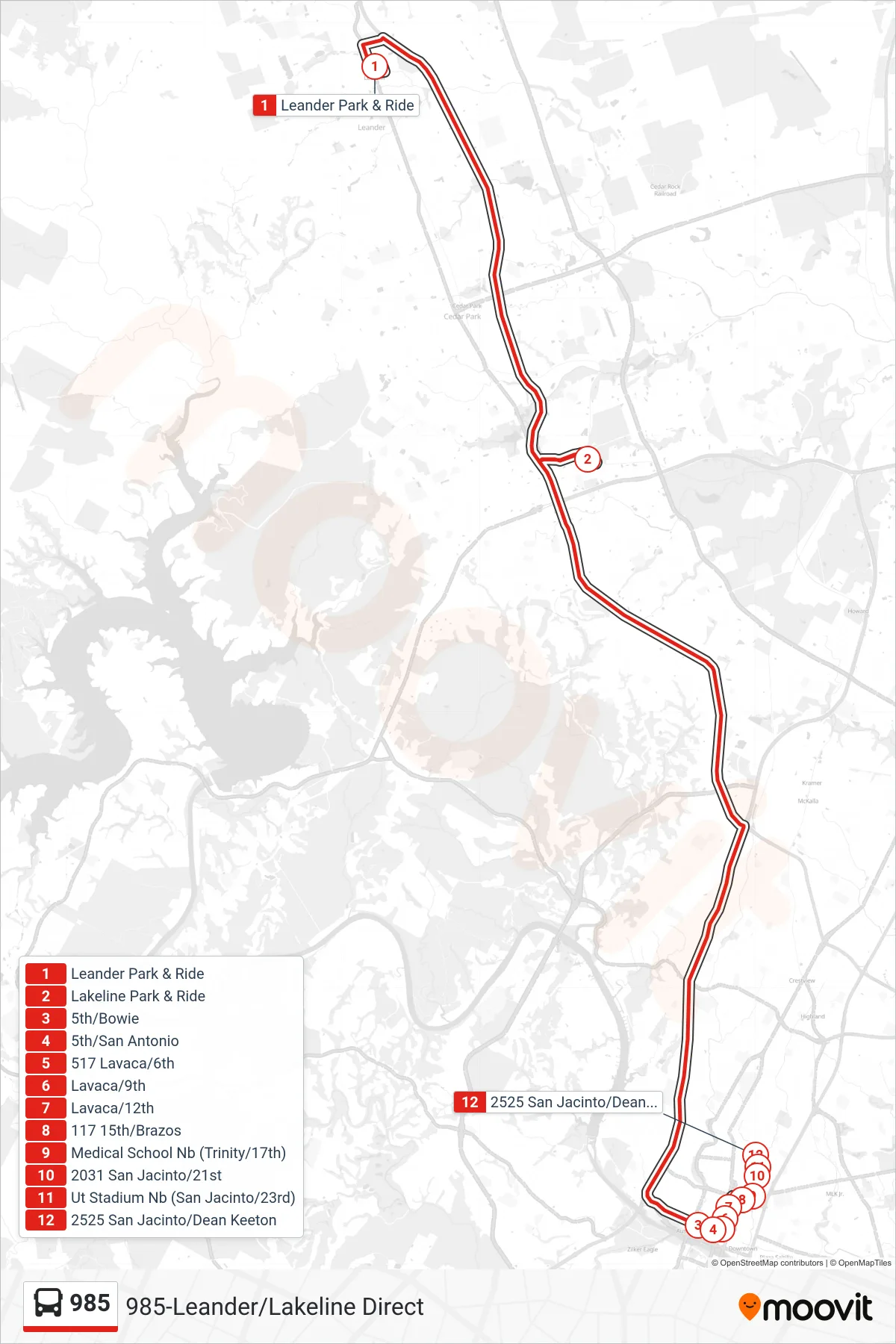 985 bus Line (985 Downtown/University Of Texas Sb) route and stops on a map