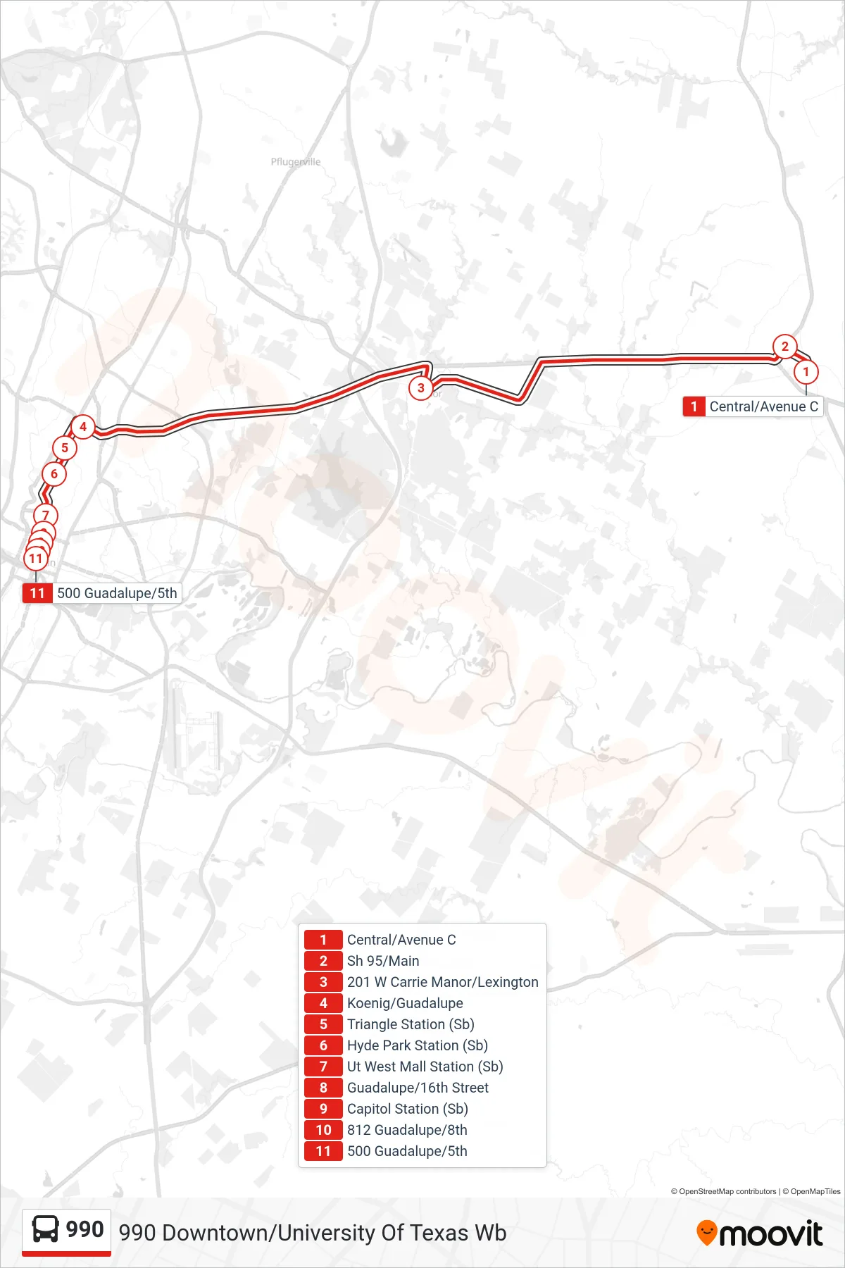 990 bus Line (990 Downtown/University Of Texas Wb) route and stops on a map