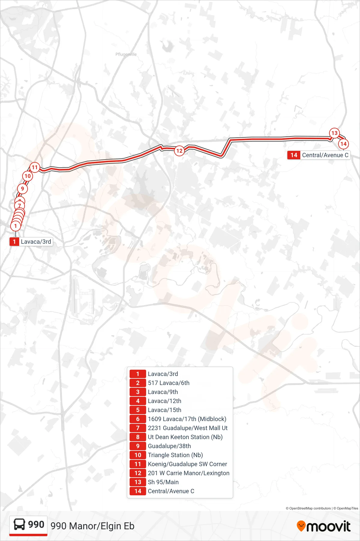 990 bus Line (990 Manor/Elgin Eb) route and stops on a map