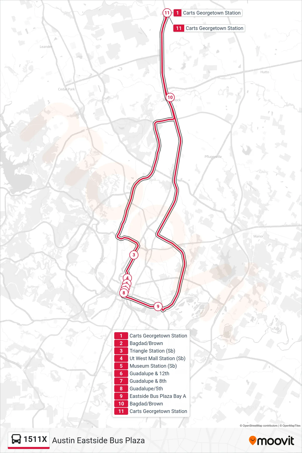 1511X bus Line (Austin Eastside Bus Plaza) route and stops on a map