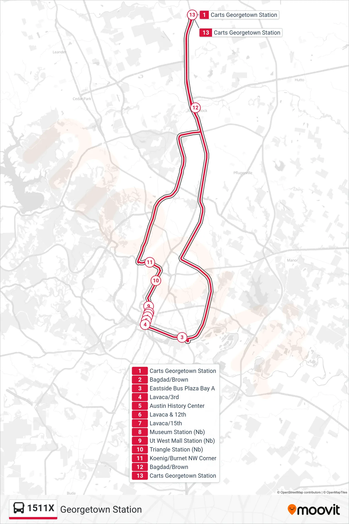 1511X bus Line (Georgetown Station) route and stops on a map