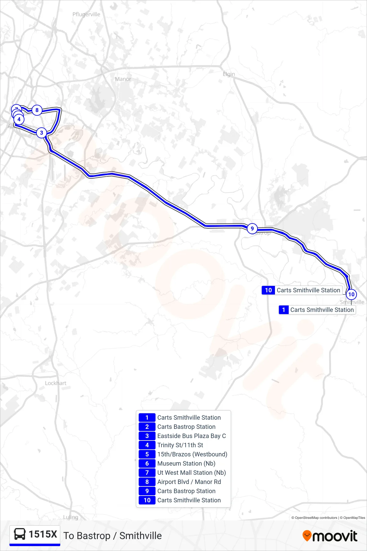 1515X bus Line (To Bastrop / Smithville) route and stops on a map