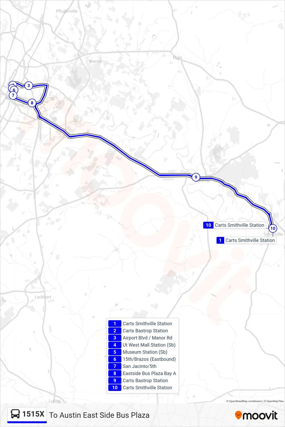 1515X bus Line (To Austin East Side Bus Plaza) route and stops on a map