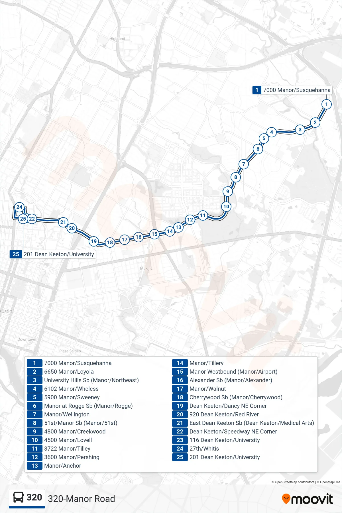 320 bus Line (320 University Of Texas Sb) route and stops on a map